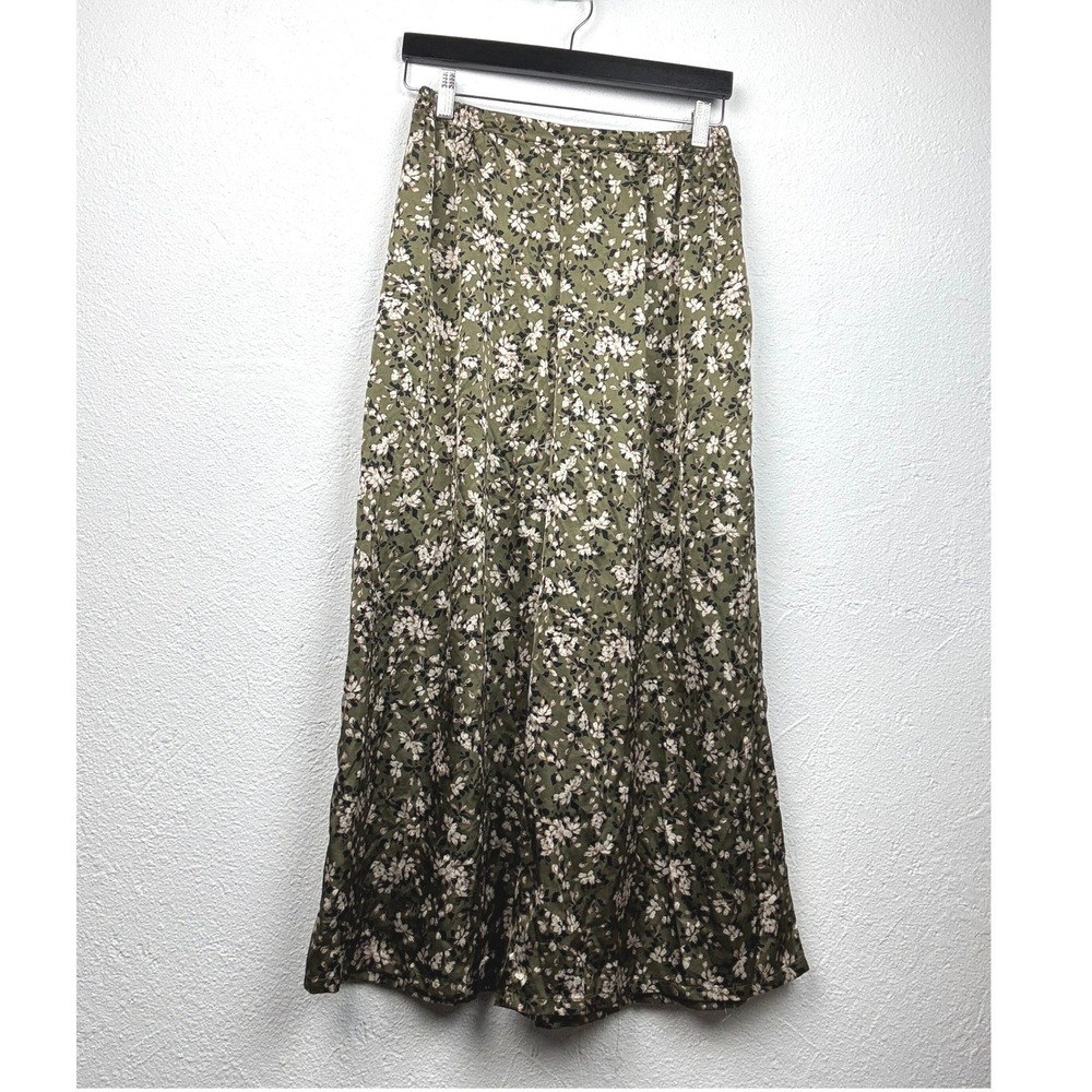 Mia Joy Olive Green Floral Wide Leg Pants - 14 - Satin Elastic Waist Boho Summer
